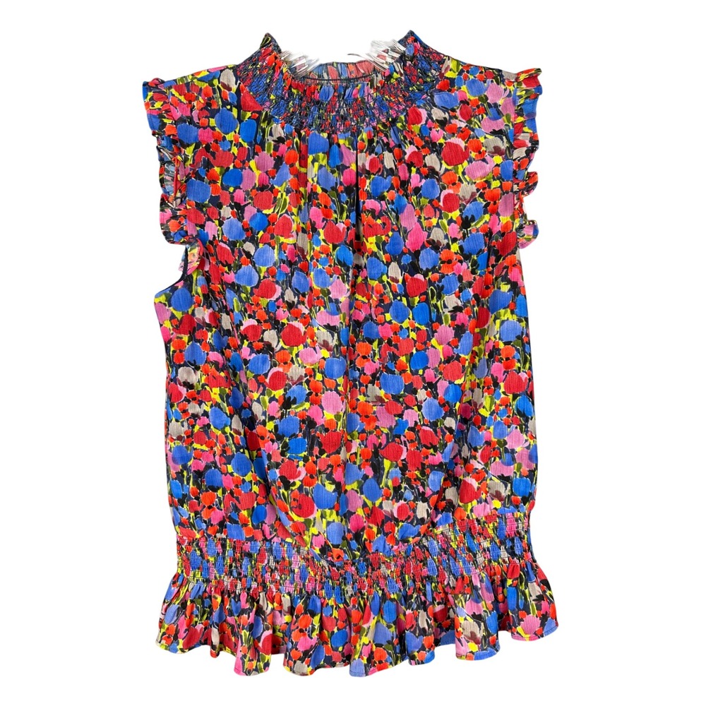 J.Crew Womens Floral Smocked Chiffon Top 00 Multicolored Ruffle High Neck Peplum - Picture 2 of 10